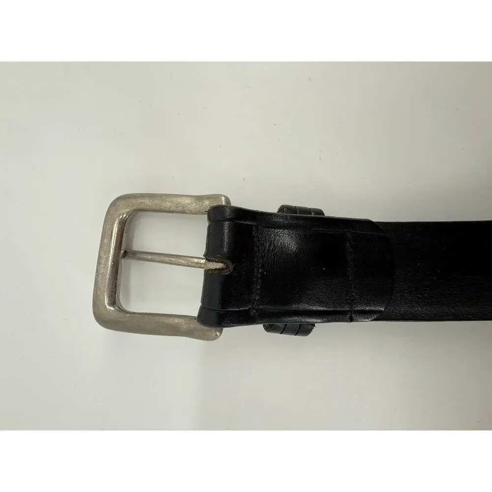 Black Genuine Leather Belt Wide Heavy Duty Silver Buckle Size 32